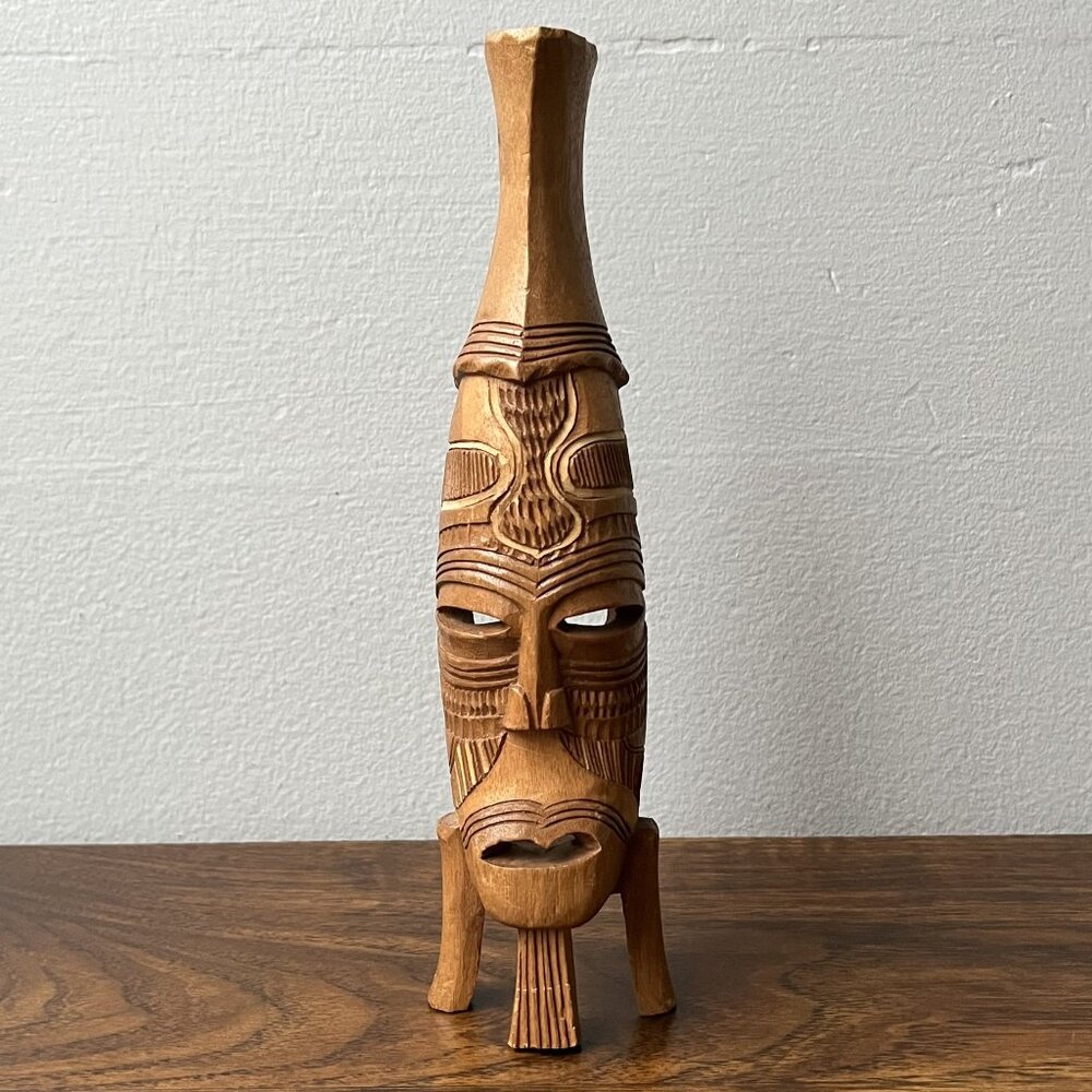 Hand Carved Wooden Tiki Mask on 3-Legged Standing Elongated Face Fiji